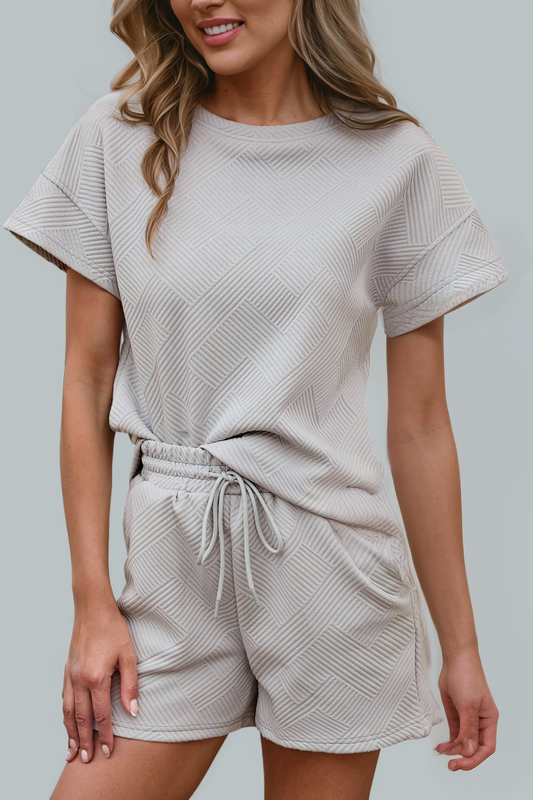 Women 2pcs Solid Textured Drawstring Shorts Set