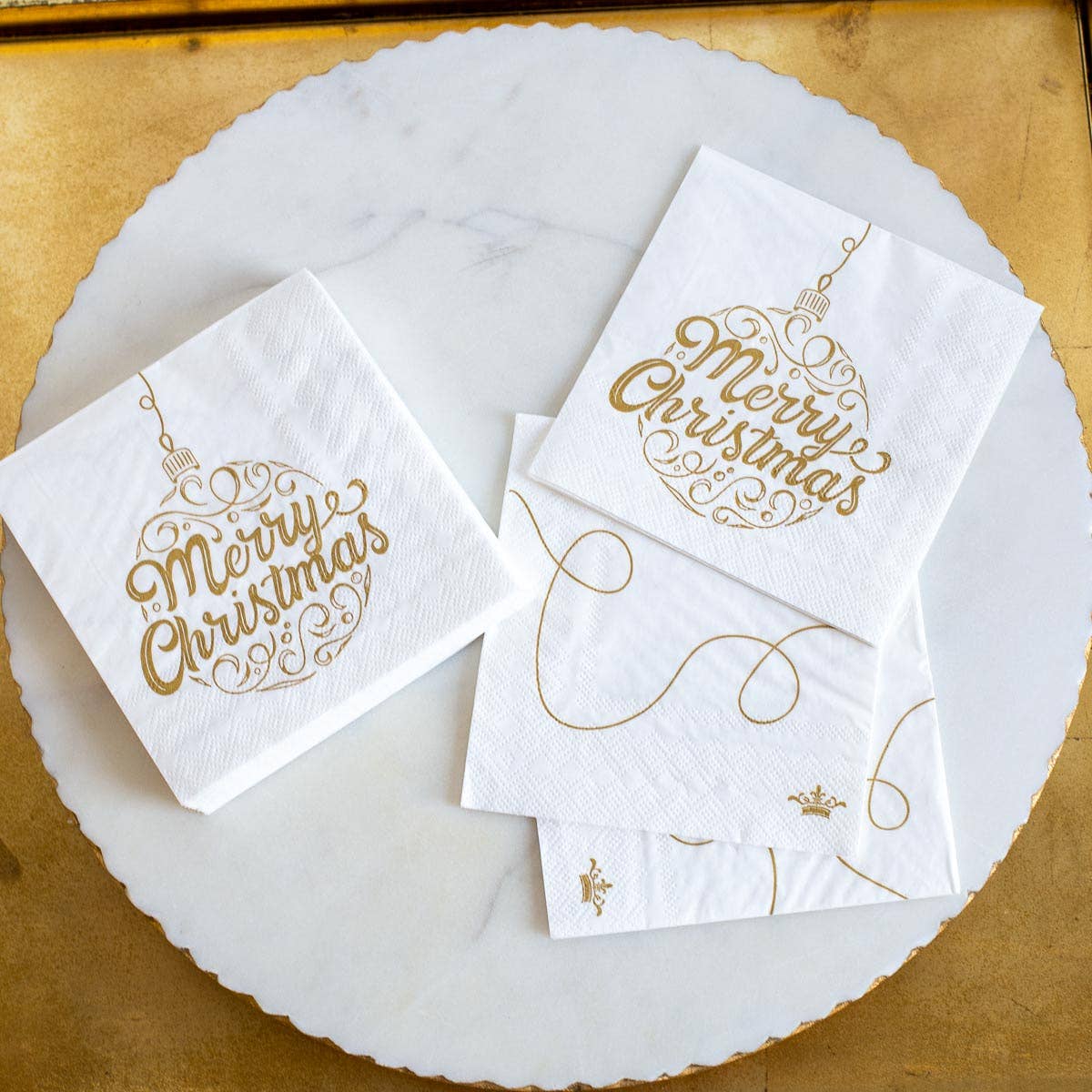 Merry Christmas Ornament Script Cocktail Napkins   White/Gold   5"