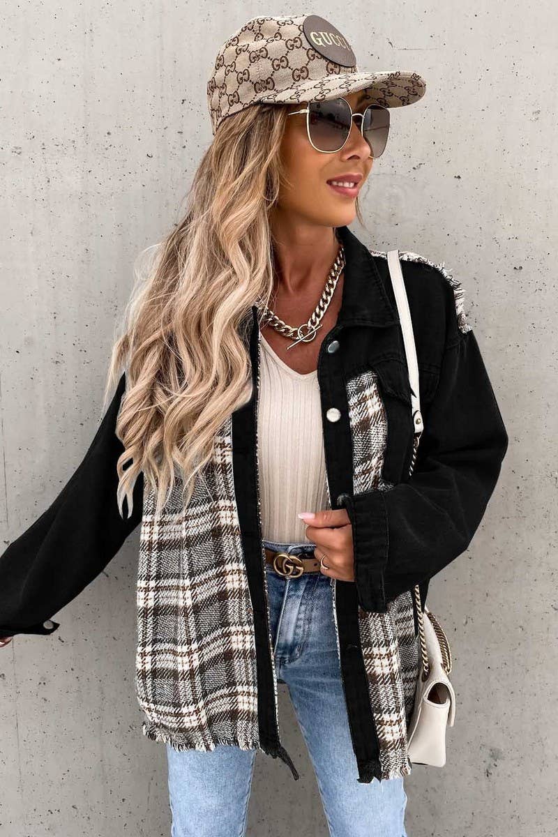 WOMEN DENIM PATCHWORK PLAID JACKET