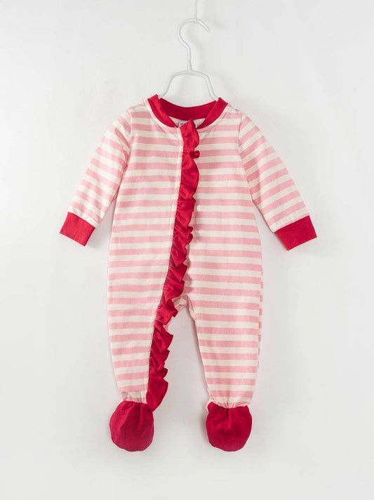 Christmas Pink Stripe Embroidery Ruffle Romper