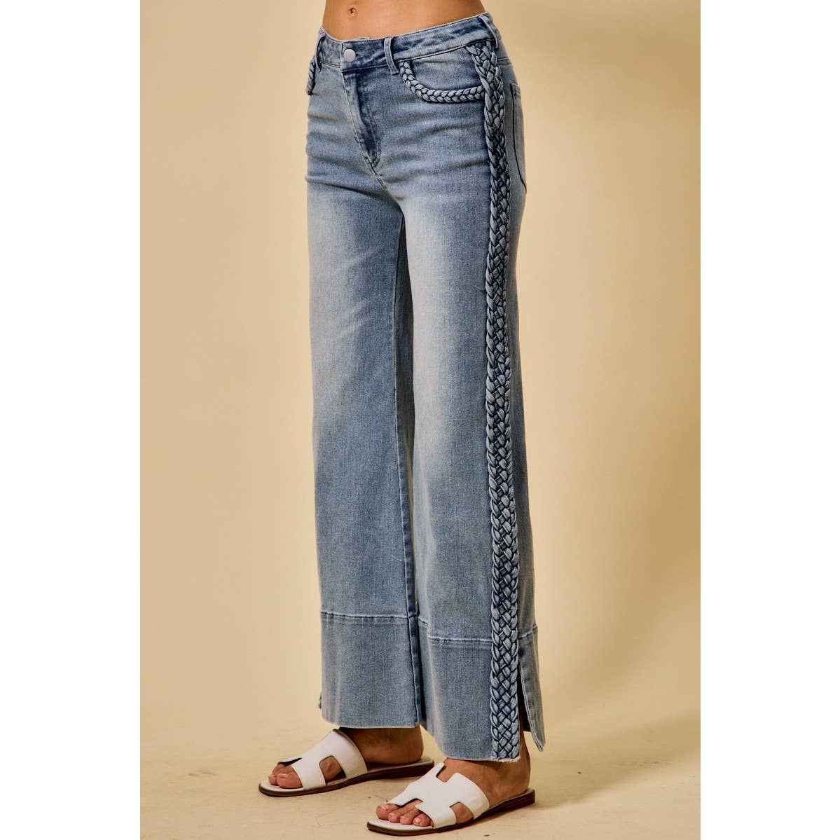 Wide Leg Flare Denim Jeans With Side Braids