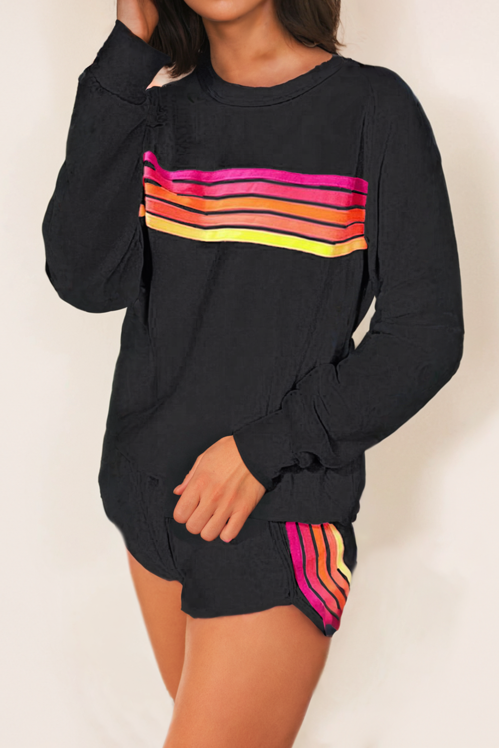 Color Contrast Trim Long Sleeve Top and Shorts Set