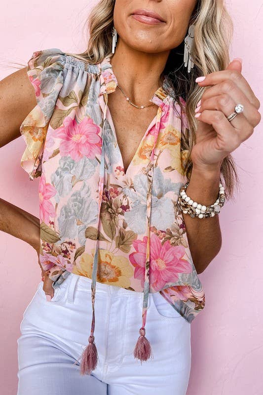 Floral Ruffle Tassel Blouse