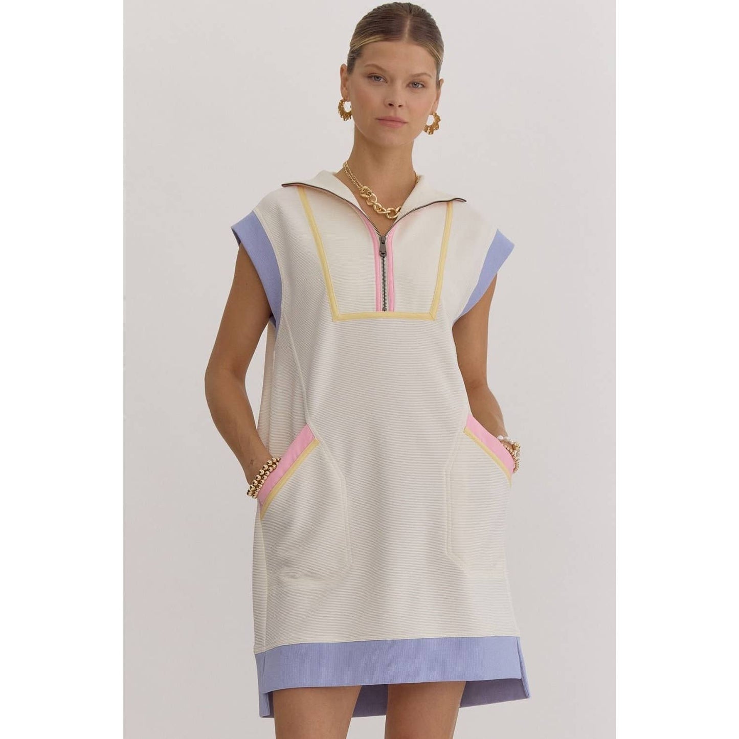 Textured solid zip up cap sleeve mini dress