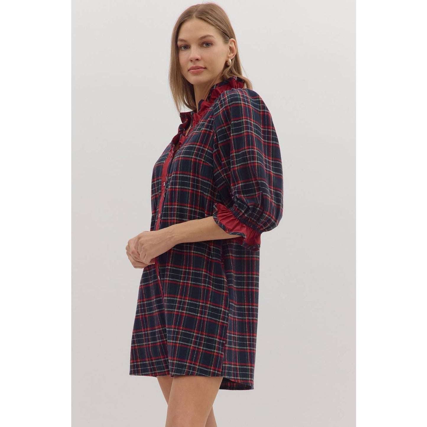 Plaid puff sleeve mini dress