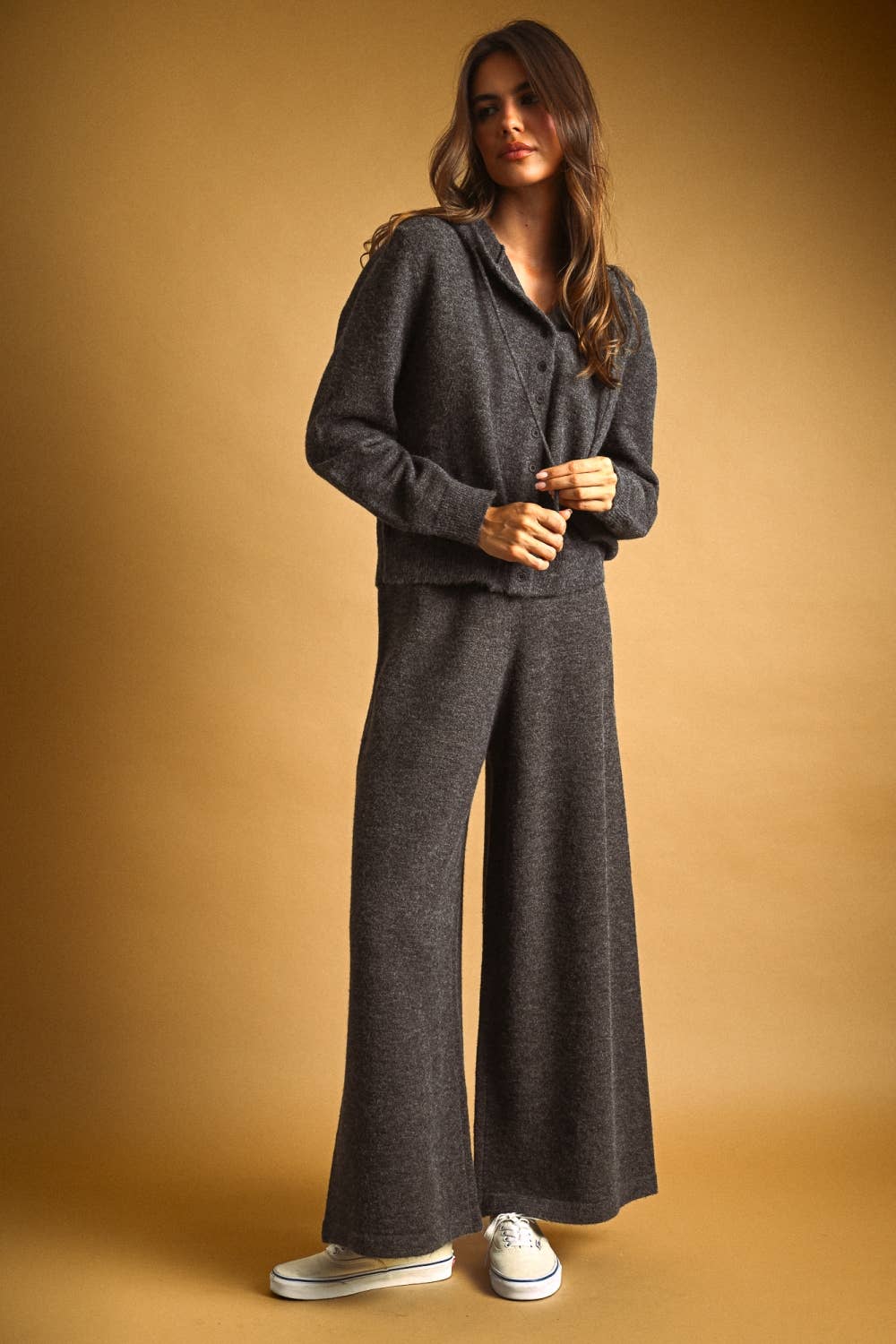J7311ST   BUTTON FRONT SWEATER JACKET WITH HOOD