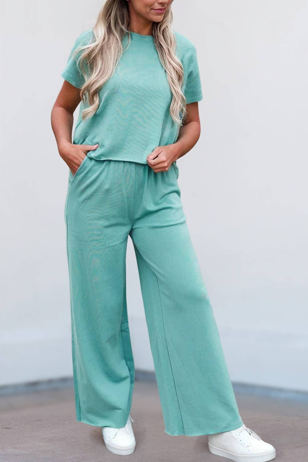 Raglan Short Sleeve Tee and Wide Leg Pants Set