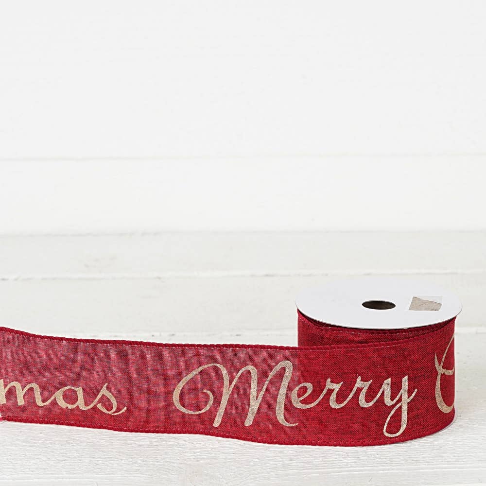 R32922-Wired Ribbon-Burlap Red w. "Merry Christmas" (2.5inW)