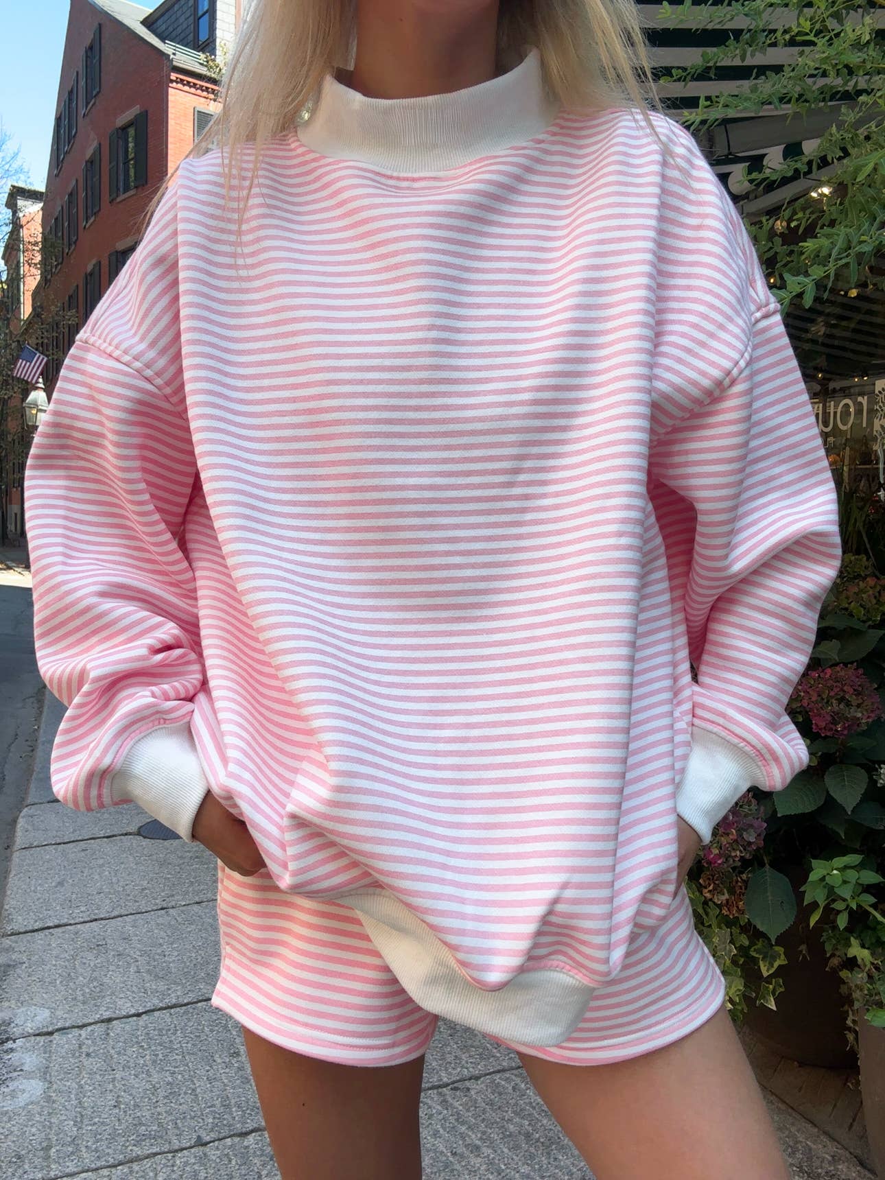 Light Pink and White Striped Mockneck Sweatshirt