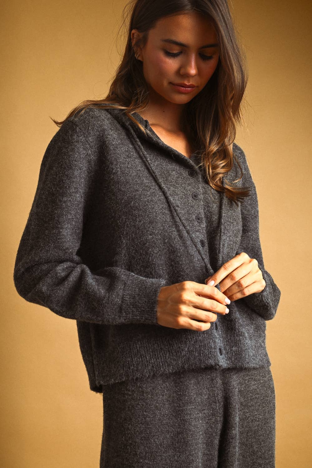 J7311ST   BUTTON FRONT SWEATER JACKET WITH HOOD