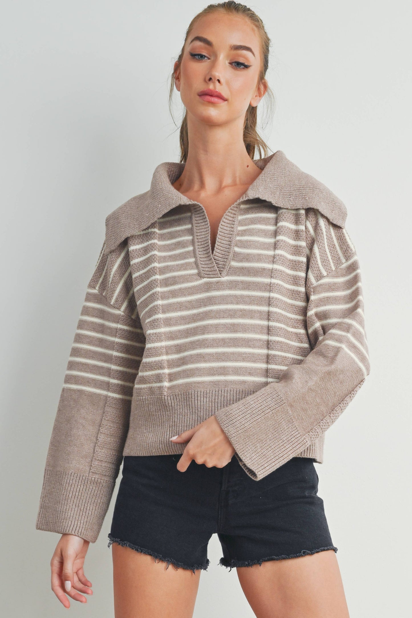 TEXTURED STRIPED V-NECK BIG COLLAR LS SWEATER - BMW7247