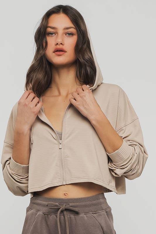Cropped Zip Up Drawstring Hooded Workout Jacket