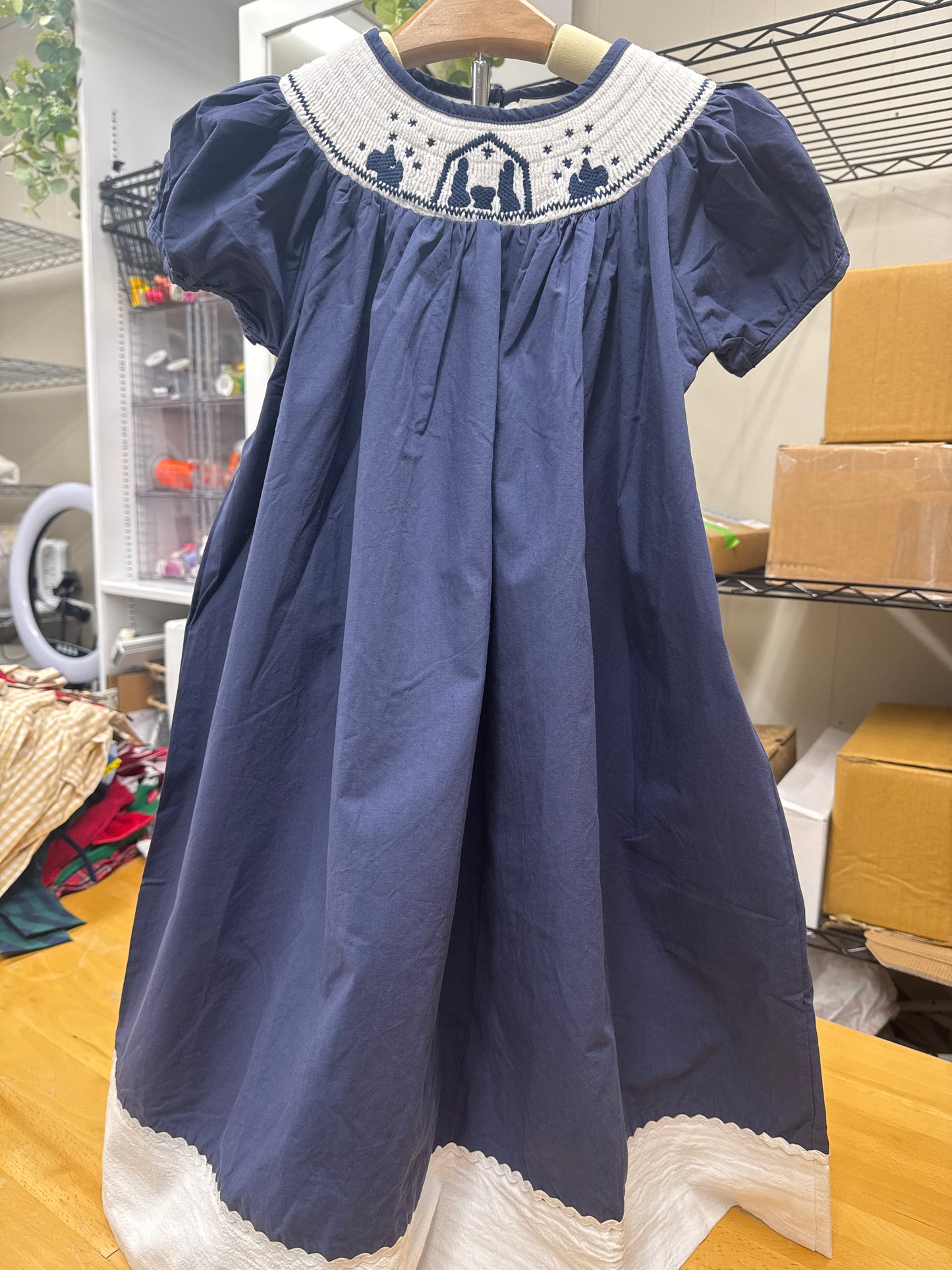 Navy Blue Smocked Manger Scene Dress
