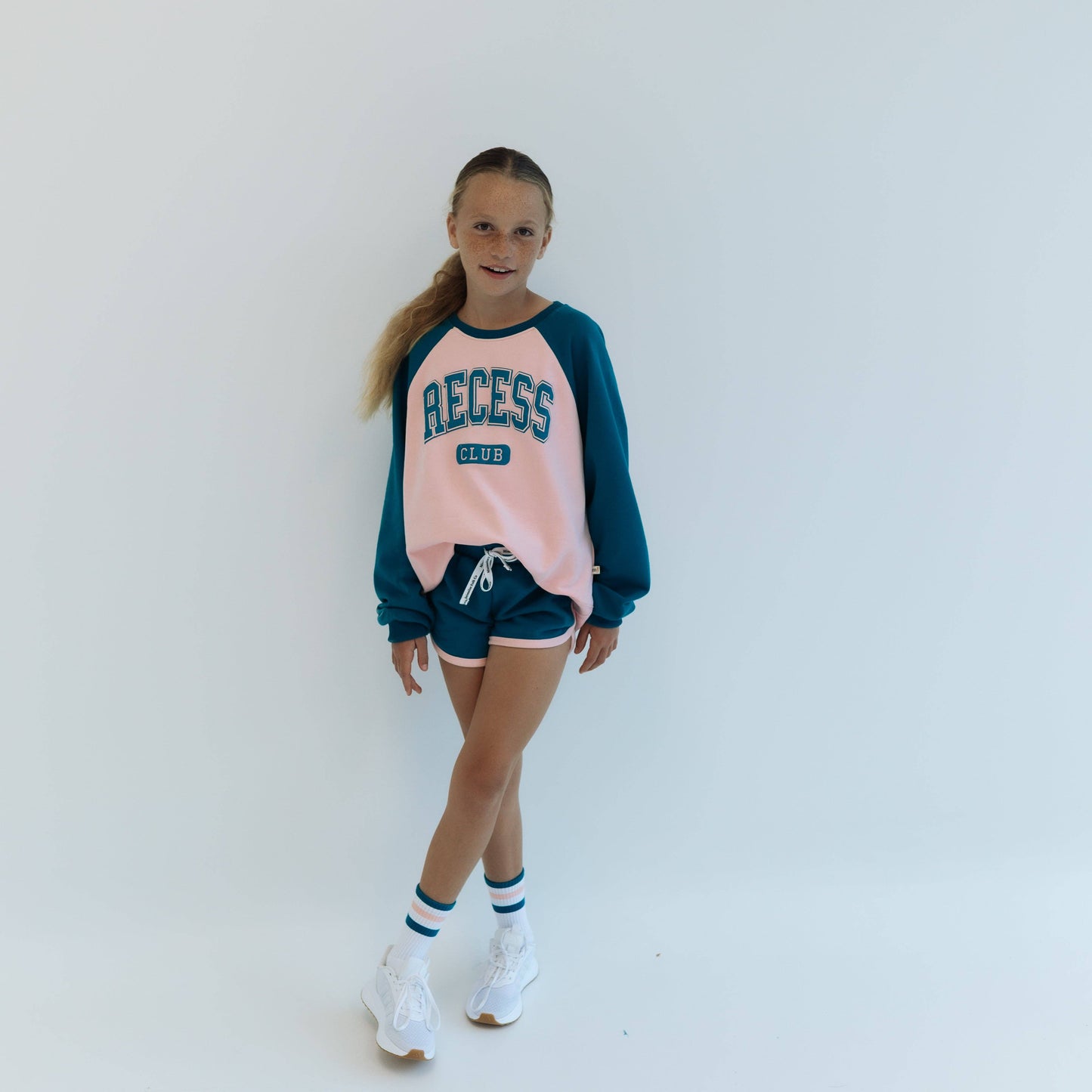 TRACK SHORTS in DEEP TEAL + PINK TRIM | KIDS
