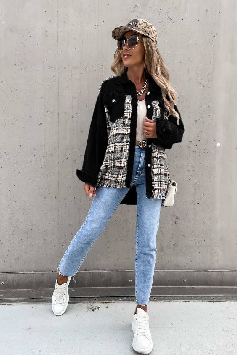 WOMEN DENIM PATCHWORK PLAID JACKET