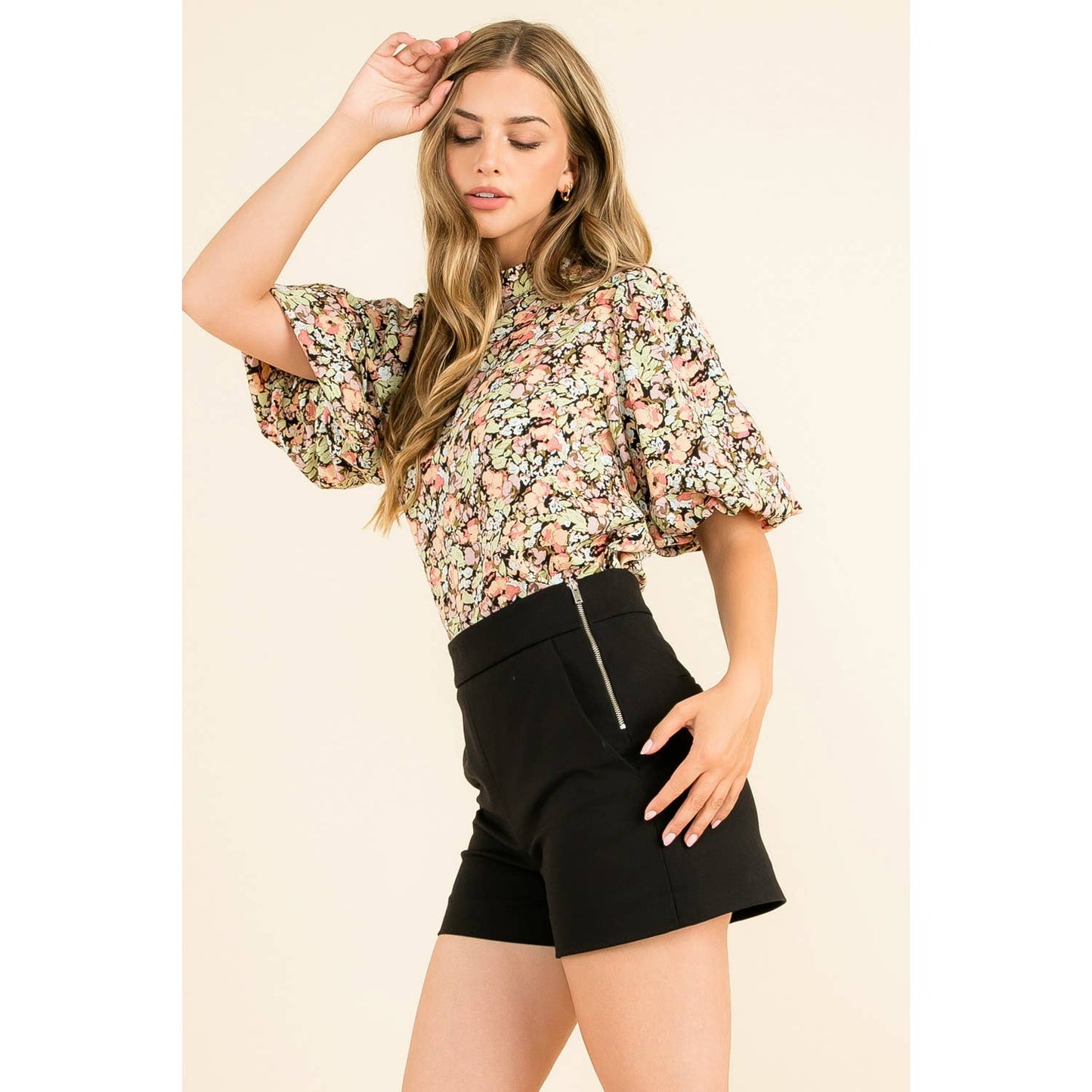 Black Floral Print Puff Sleeve High Neck Top with Short Sleeve