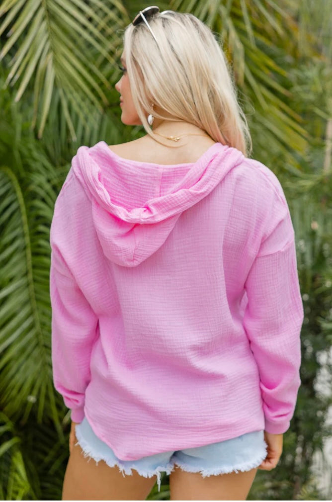 STAY WITH ME PINK HOODED GAUZE PULLOVER