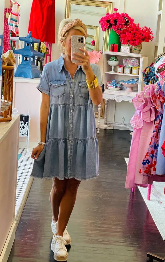 TIERED BUTTON DOWN DENIM DRESS