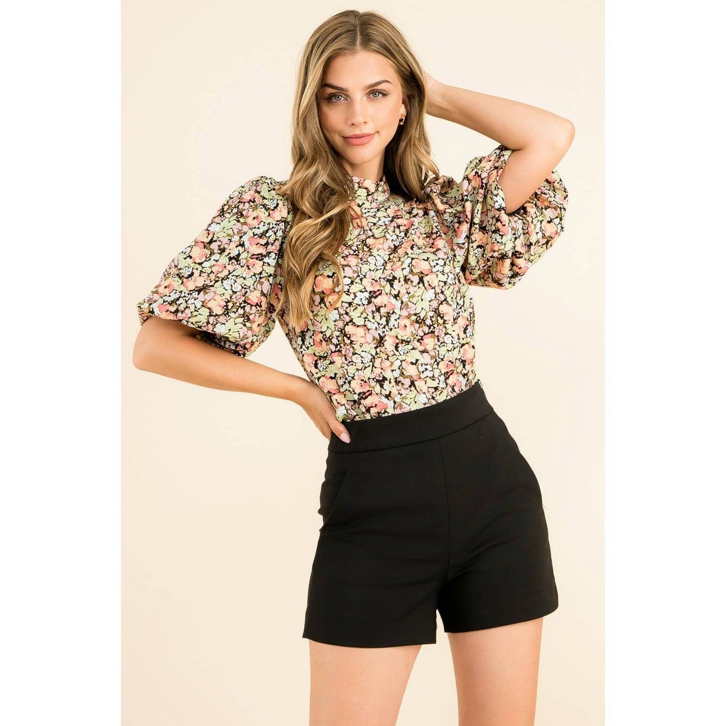 Black Floral Print Puff Sleeve High Neck Top with Short Sleeve