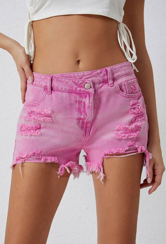 High Rise Crossover Waist Pink Denim Shorts