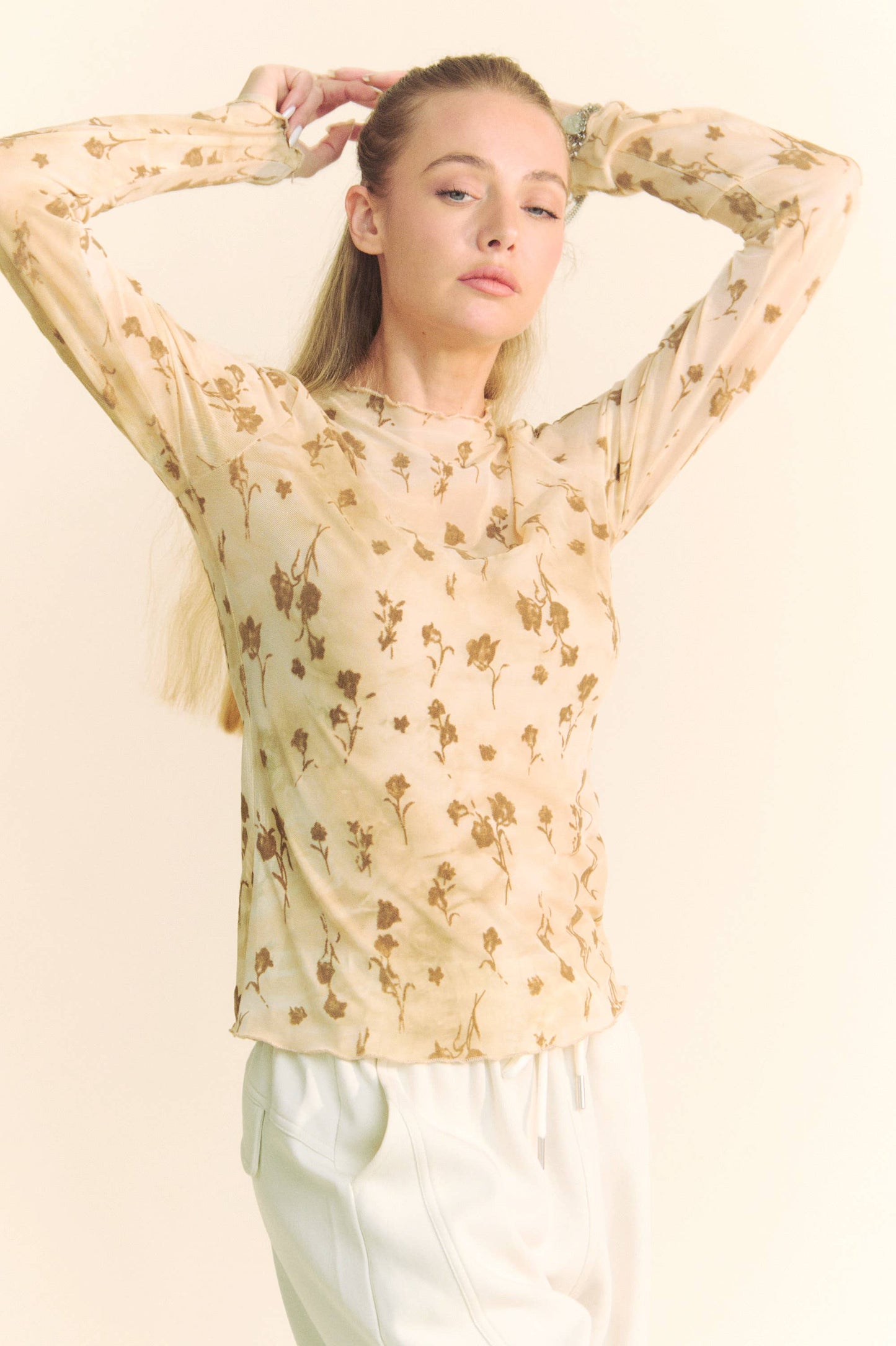 FLORAL MESH LONG SLEEVE SHEER LAYERING TOP