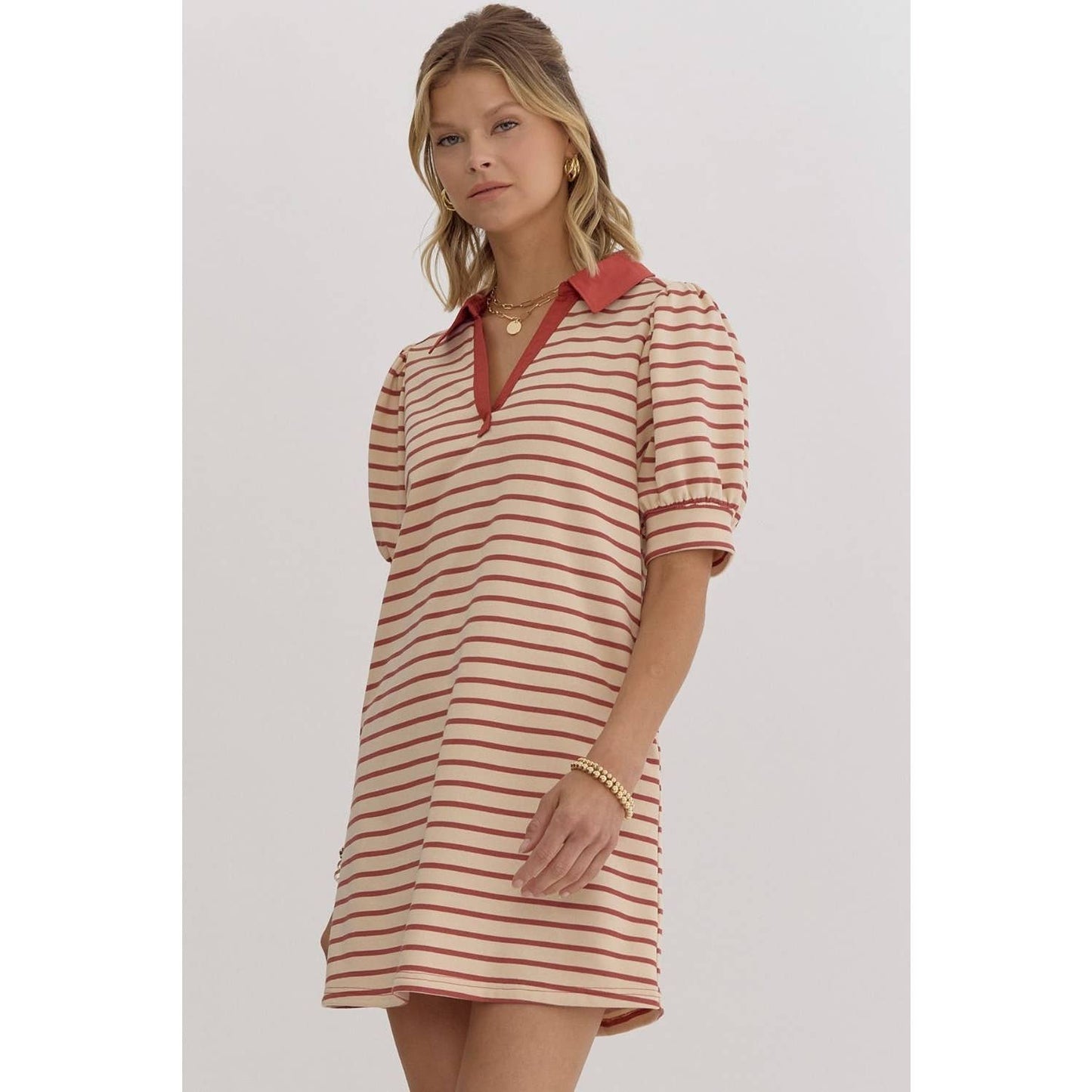 Stripe print v-neck puff sleeve collared dress