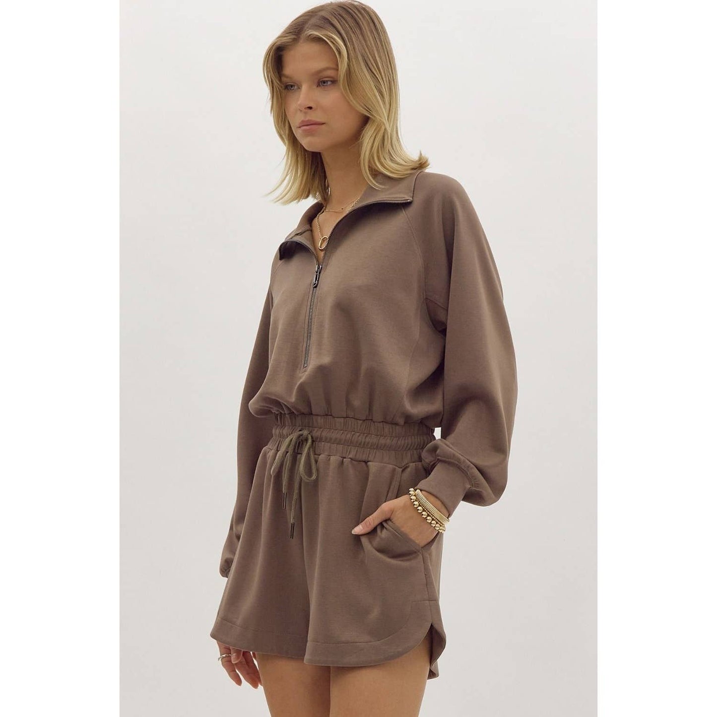 Solid long sleeve half zip collared romper