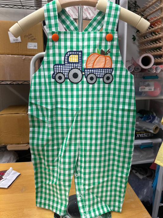 Green Gingham Overalls with Tractor & Pumpkins