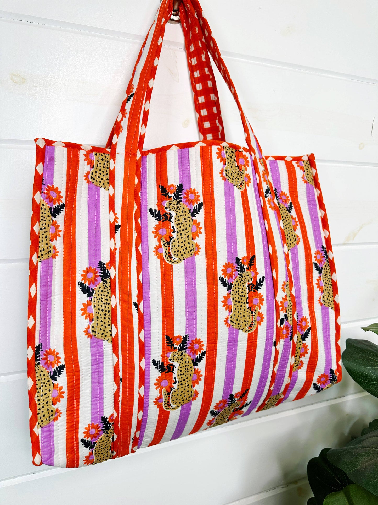 Striped Jaguar Large Quilted Tote Bag – Handmade, Reversible
