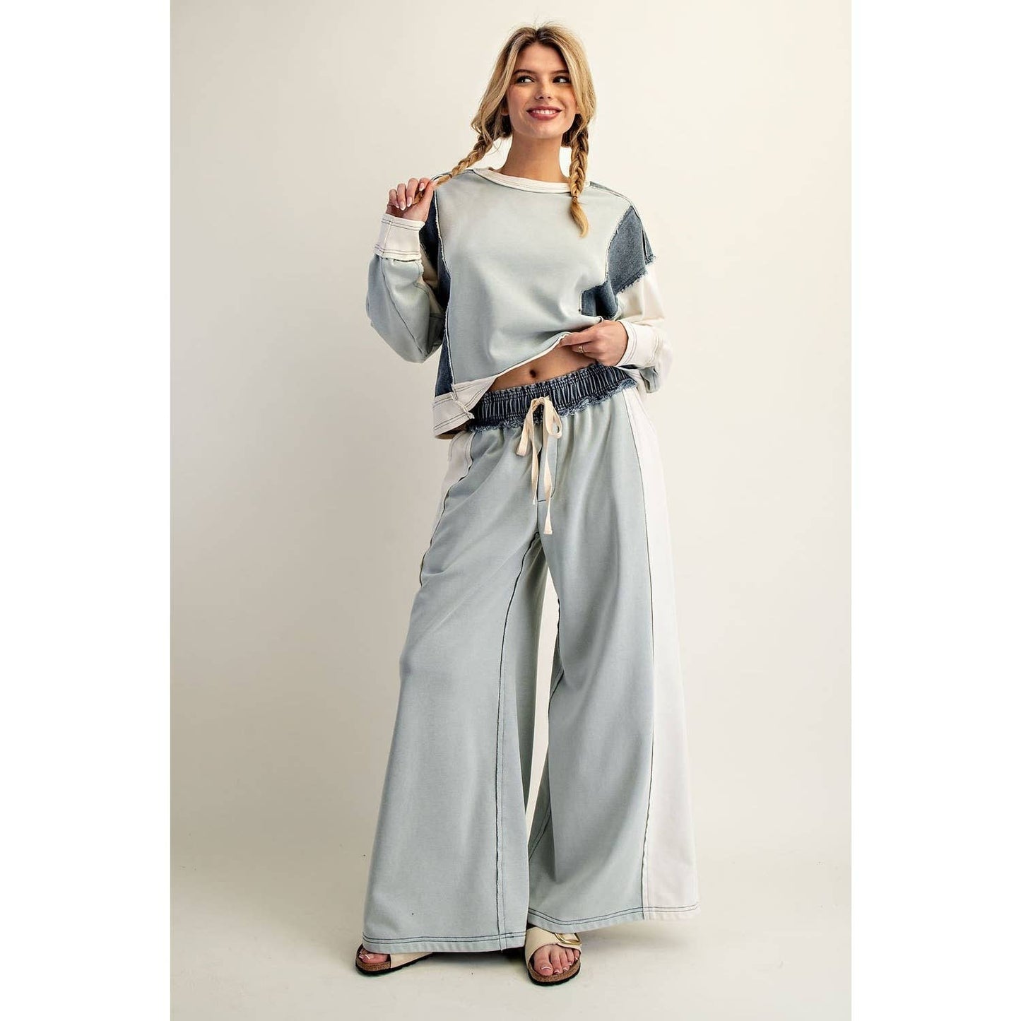 Color Block Denim Drawstring Pants