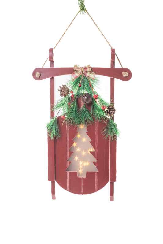 Red Wood Hanging LED Sled with Christmas Tree Engraving