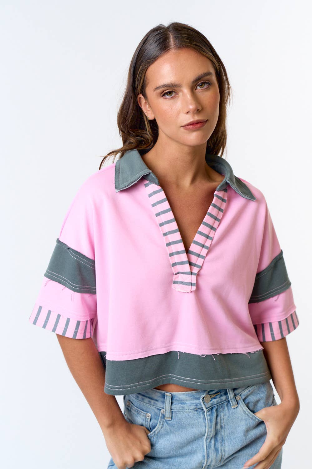 STRIPE MIX FRENCH TERRY CROP POLO SHIRT TOP