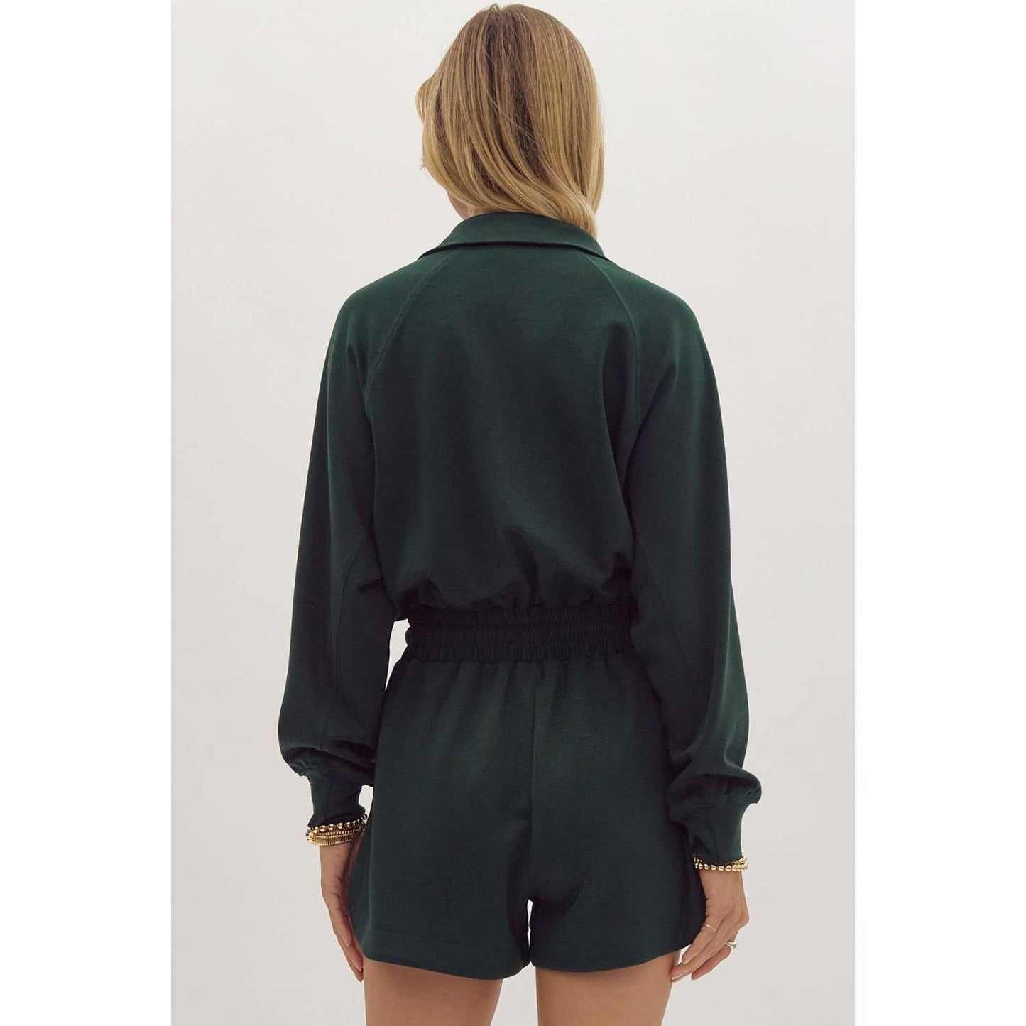 Solid long sleeve half zip collared romper