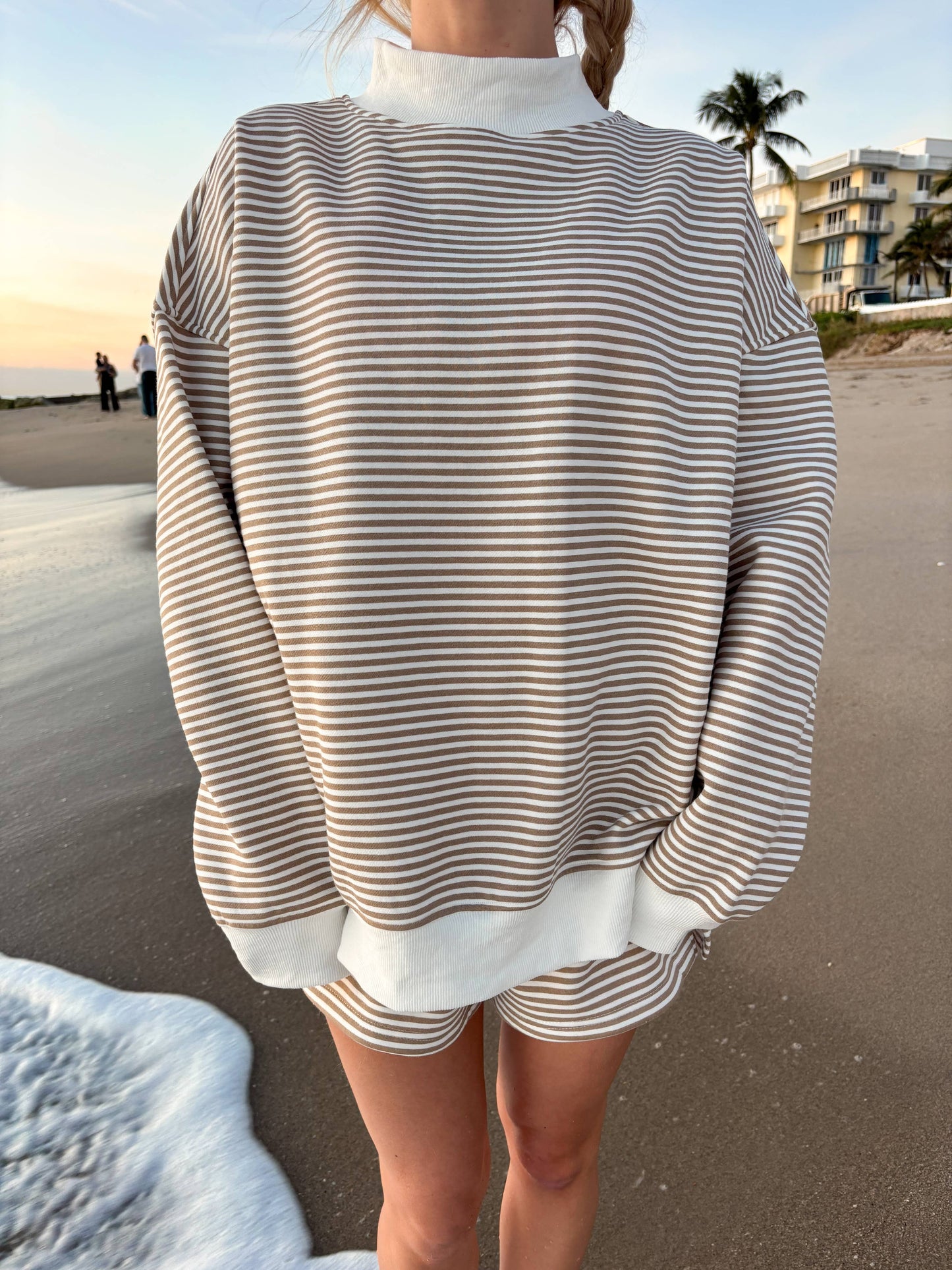 Brown and White Striped Mockneck Sweatshirt