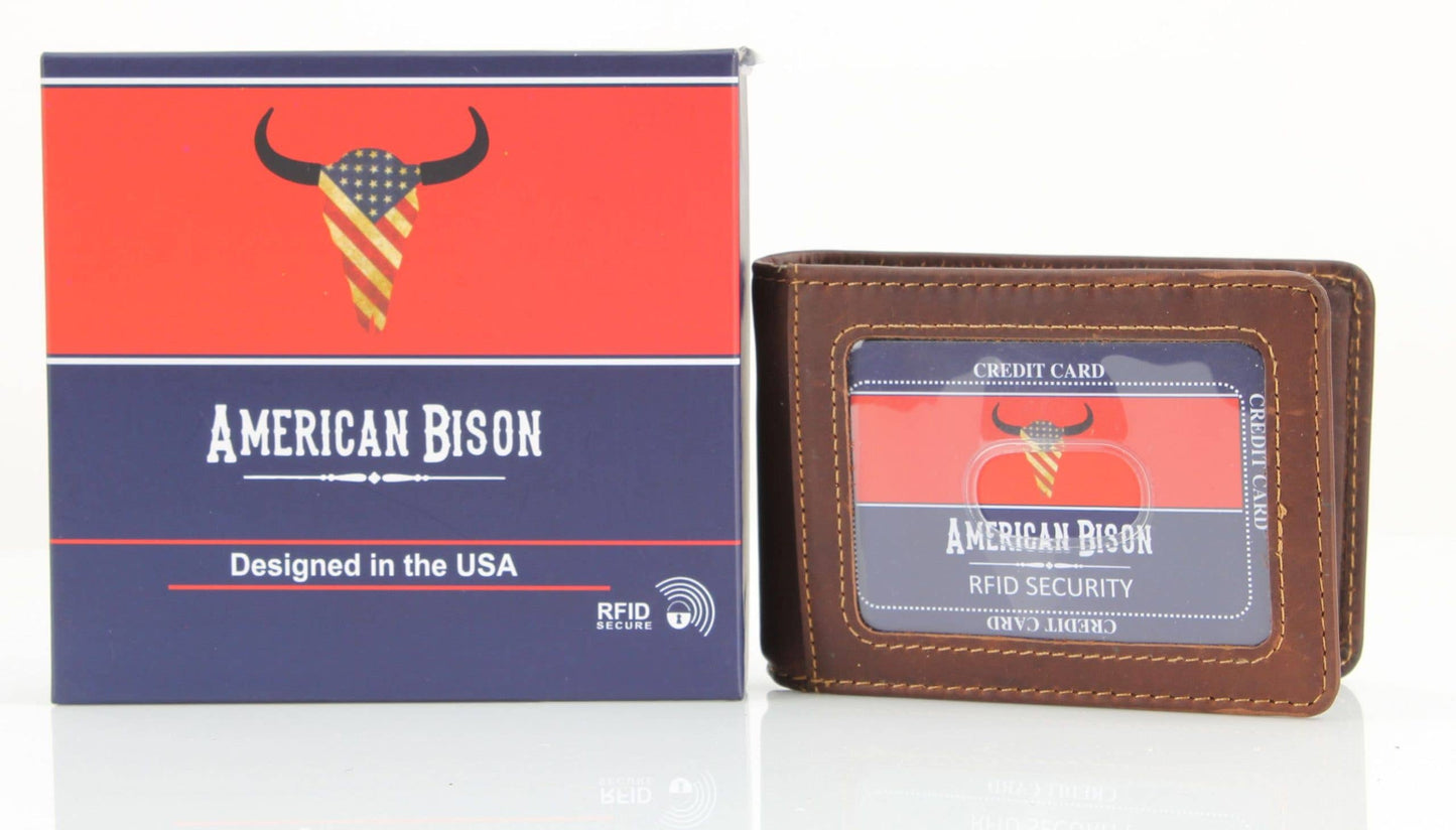 American Bison RFID Leather Bi Fold Money Clip Wallet