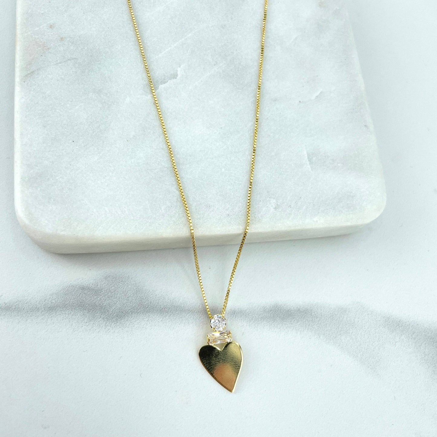 18k Gold Filled Flat Heart with Clear Cubic Zirconia Charm Necklace