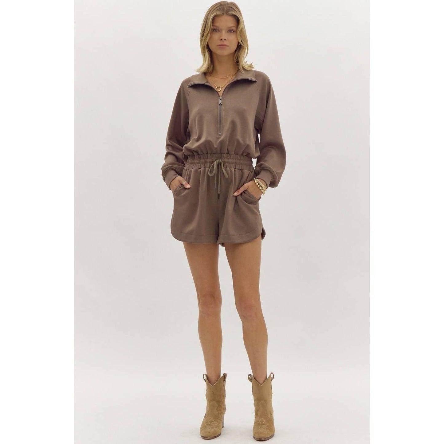 Solid long sleeve half zip collared romper