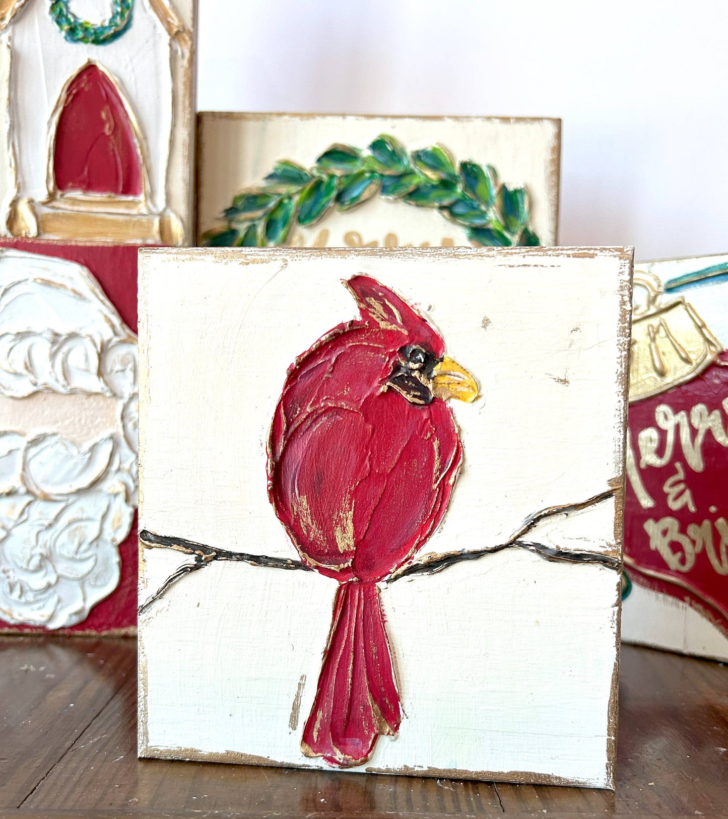 Cardinal  red bird  5x5 handmade, textured wood block