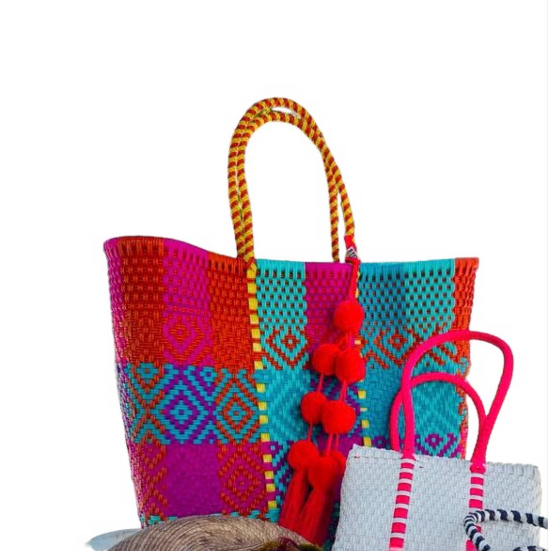 Fuchsia & Turq. Handwoven recycled plastic beach Bags