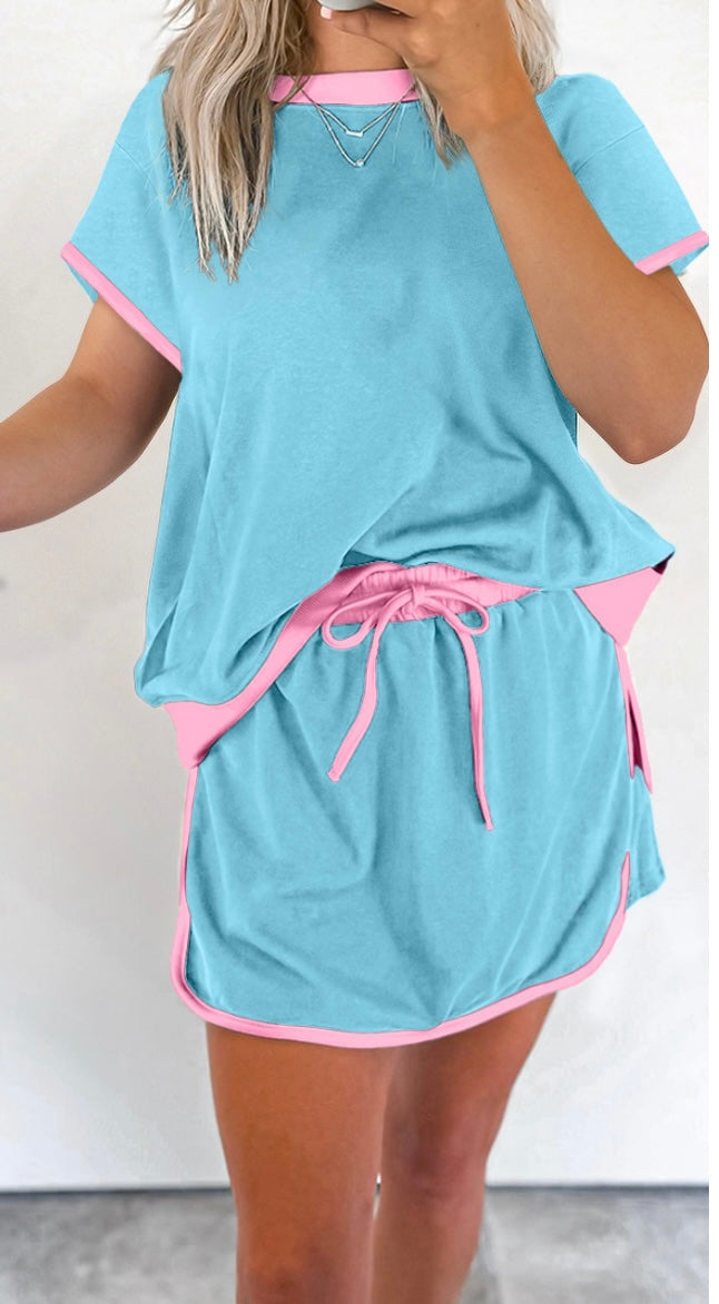 Colorblock Drop Shoulder T Shirt & Skirt Set