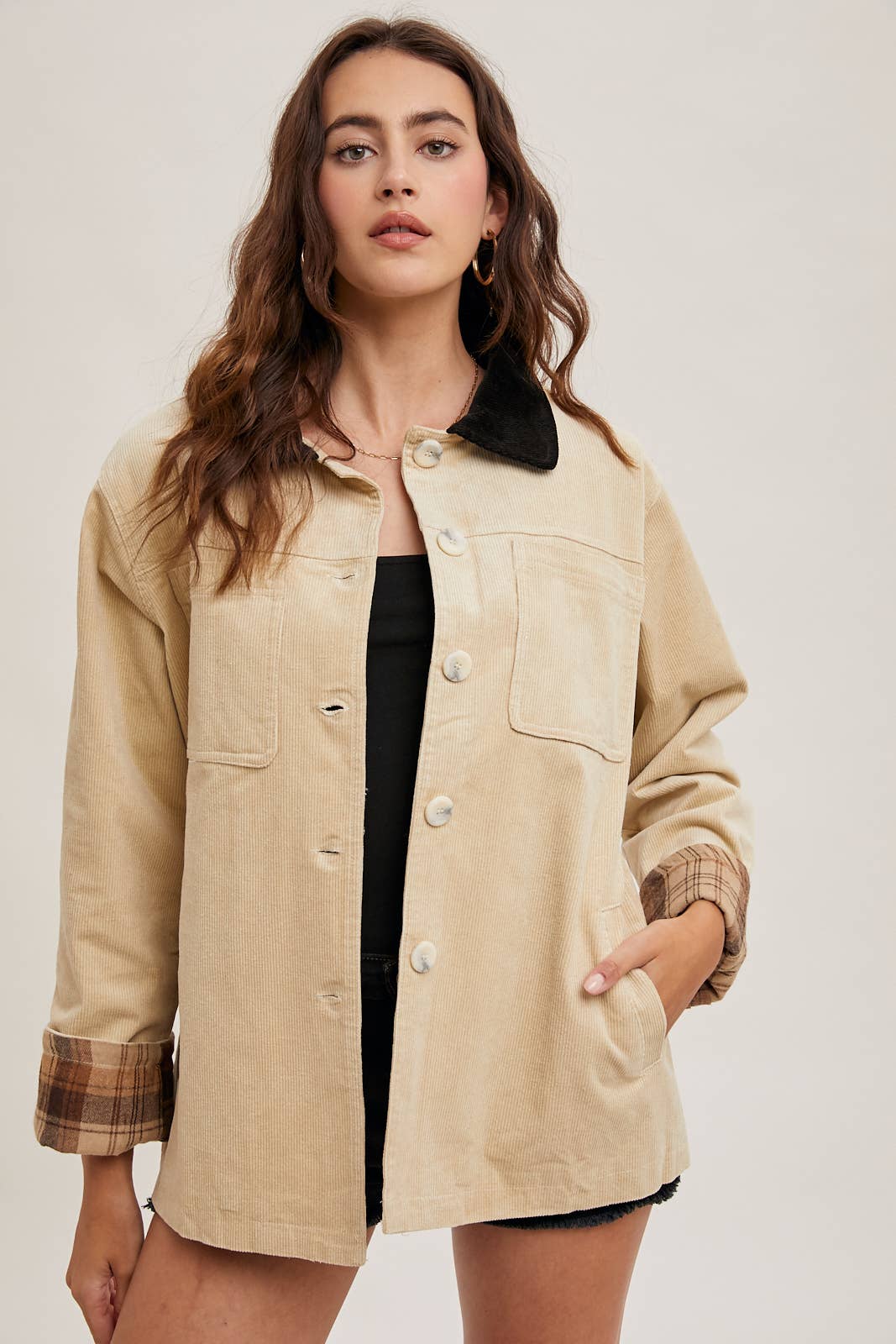 CORDUROY BUTTON DOWN BARN COAT INNER PLAID