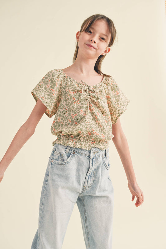 SHORT SLEEVE CINCHED FRONT TOP FLORAL KT1856SS (7-14)