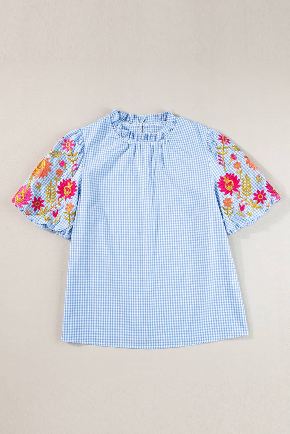 LDC Gingham Embroidered Puff Sleeve Blouse