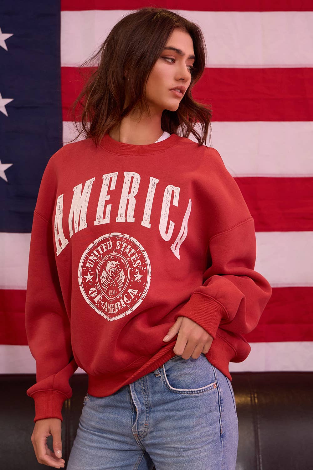 IT2507 'AMERICA' Graphic Fleece Pullover Sweatshirt
