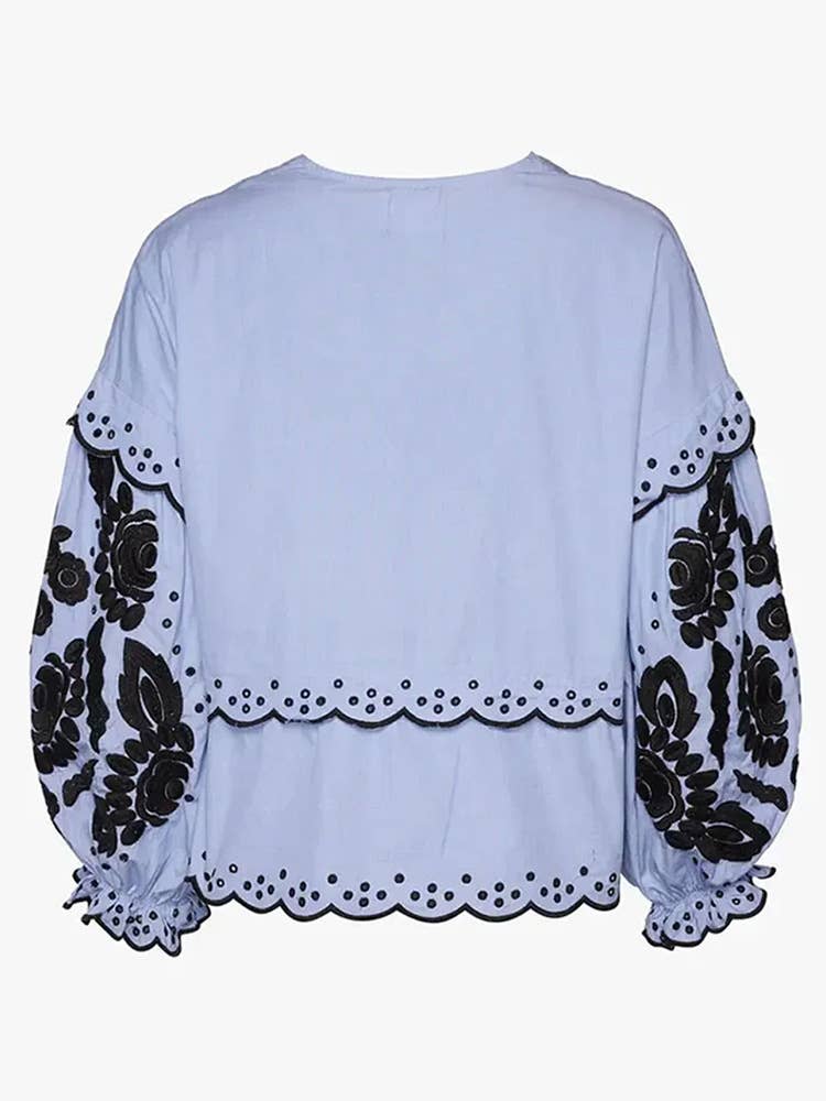 Lace-Up Embroidered Long-Sleeved V-Neck Shirt