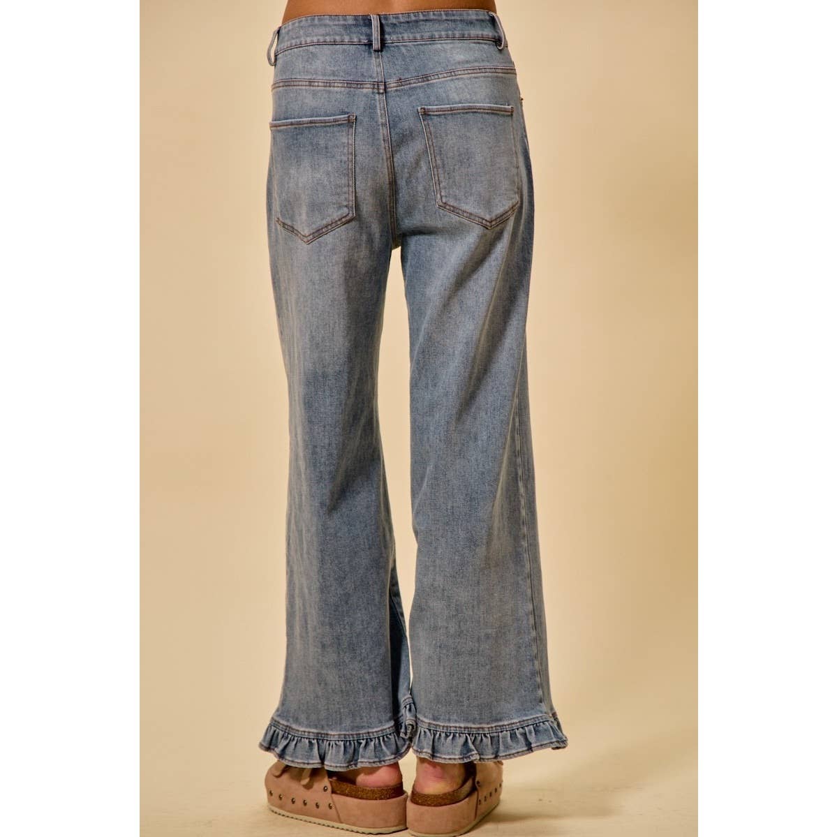 Ruffled Bottom Detail Mid Rise Denim Jeans Pants