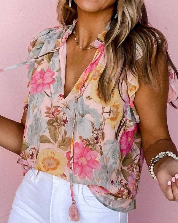 Floral Ruffle Tassel Blouse