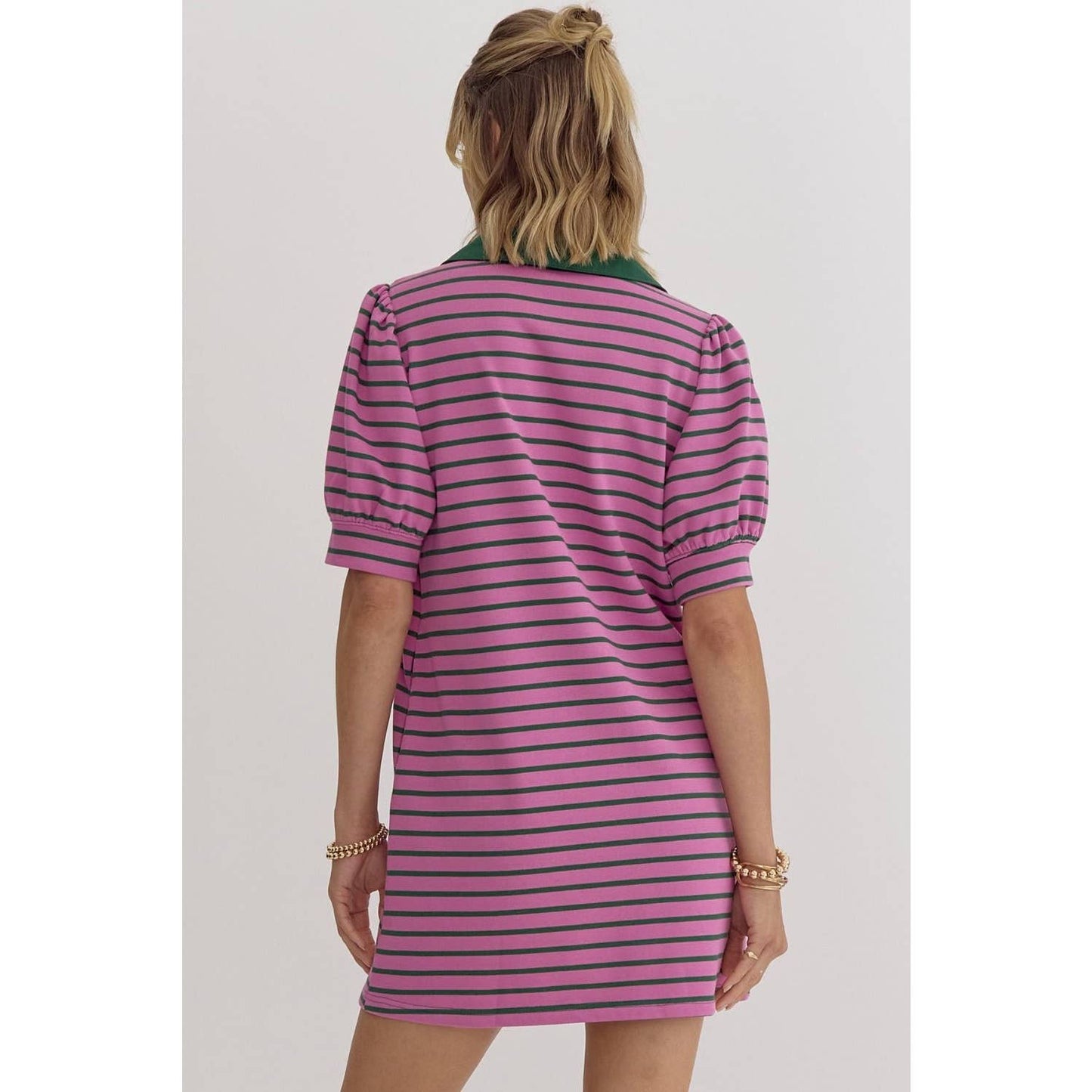 Stripe print v-neck puff sleeve collared dress