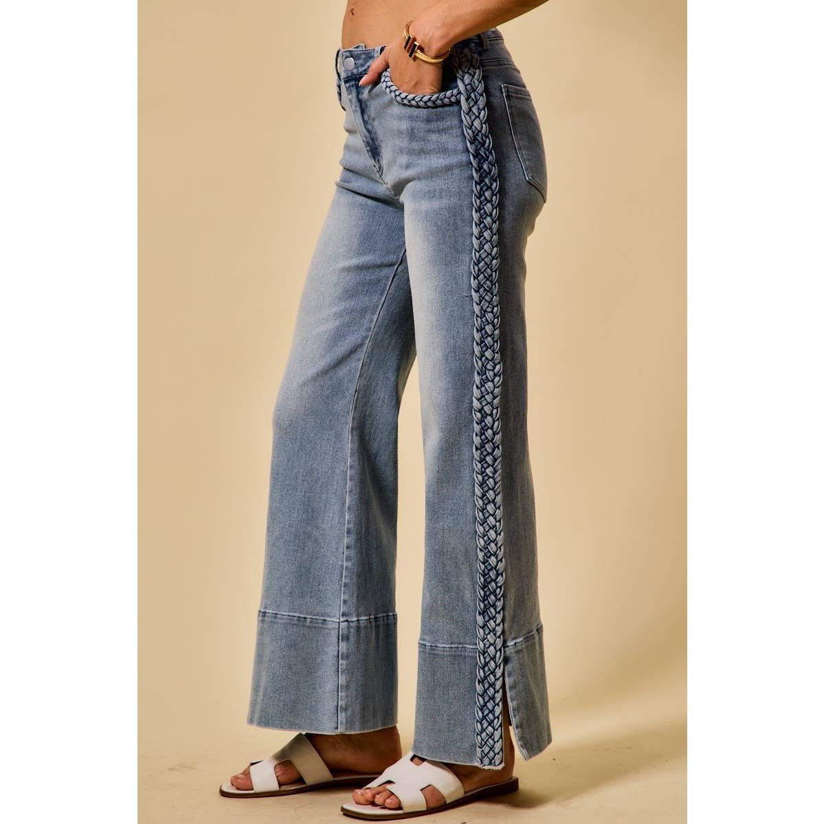 Wide Leg Flare Denim Jeans With Side Braids