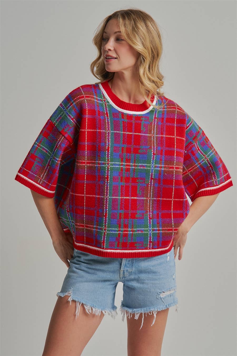 HOLIDAY CHRISTMAS PLAID DROP SHOULDER SWEATER_JLT00303-02